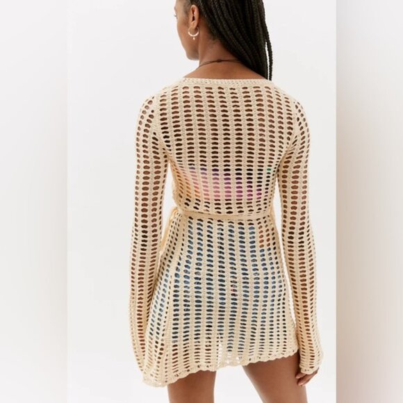 Urban Outfitters | Missy Open Knit Asymmetrical Cardigan New Small Ivory Beige - Picture 5 of 8